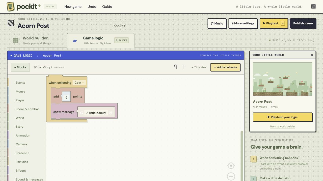 Pockit’s Game logic workspace with a connected behavior: when collecting a coin, add five points and show the message A little bonus.