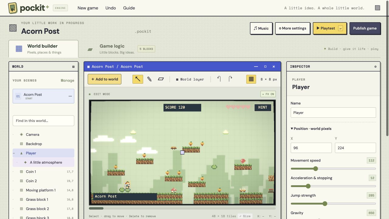 Pockit’s world builder editing Acorn Post: a pixel platformer in the middle, scene objects on the left, and player movement settings in the Inspector on the right.